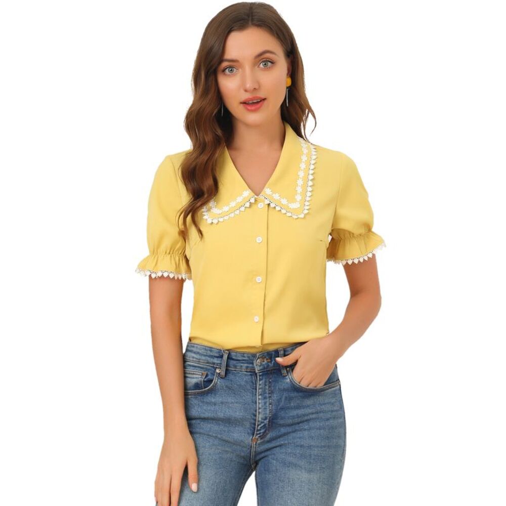 Sweet Peter Pan Contrast Collar Short Sleeves Button Up Blouse Tops Yellow